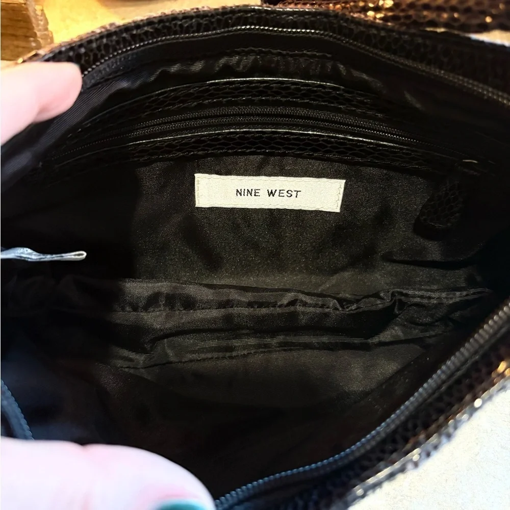NINE WEST Faux Python Snake Print Black Metallic Clutch
